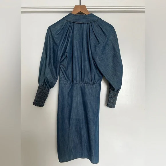 Veronica Beard Allie Chambray Shirt Dress 2 Ruched Denim Button Front $398 - Picture 2 of 6